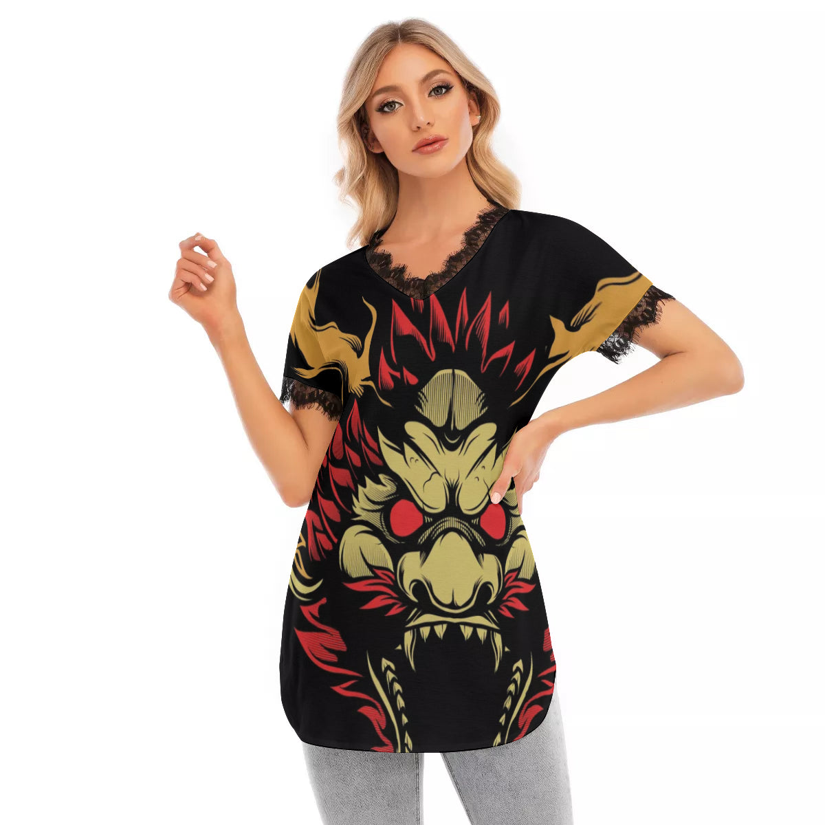 All-Over Print Women's Lace Collar Long T-shirt